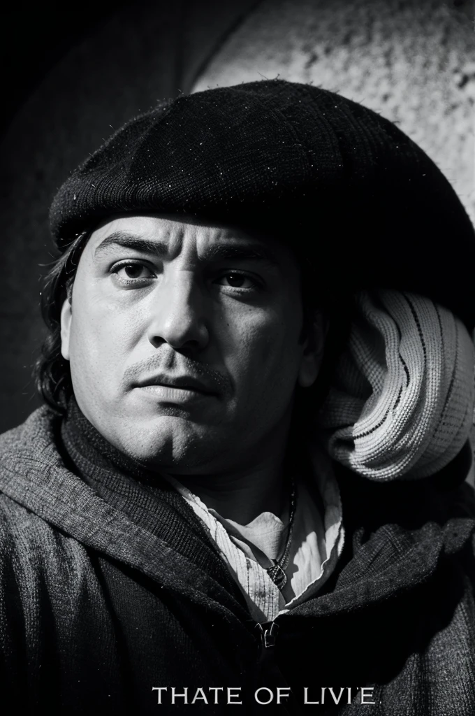 Make an image of 5 people, black and white, with the title on the image "Big Luiz, the biggest shit of the Middle Ages" in the style of Frank Herbert's Dune