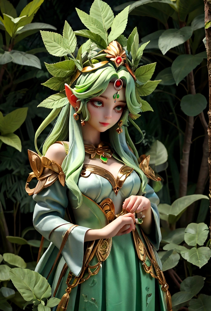 creates a Nature goddess with green hair, dressed green with leaves
