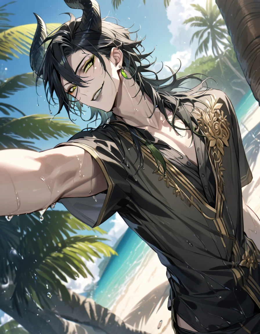 ((masterpiece:1.4, best quality)), (Ultra detailed background), 1boy, handsome man, highly detailed beautiful face and eyes, white hair, beautiful eyes, (sharp detail:1.3), shiny, earrings, bracelet, (wet clothes:1.3), Shirts, Bari, Cebu Island, plumeria, near the beach, stretch,lie on one's back, dynamic angle, malleus draconia (twisted wonderland) horns, bishounen, boy, male, yana Toboso style, long hair, black hair, yellow green eyes, smile, gray lips, handsome, skinny, tall, yellow green glow,