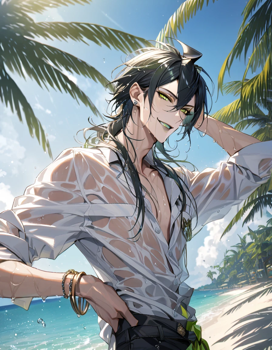 ((masterpiece:1.4, best quality)), (Ultra detailed background), 1boy, handsome man, highly detailed beautiful face and eyes, white hair, beautiful eyes, (sharp detail:1.3), shiny, earrings, bracelet, (wet clothes:1.3), Shirts, Bari, Cebu Island, plumeria, near the beach, stretch,lie on one's back, dynamic angle, malleus draconia (twisted wonderland) horns, bishounen, boy, male, yana Toboso style, long hair, black hair, yellow green eyes, smile, gray lips, handsome, skinny, tall, yellow green glow,
