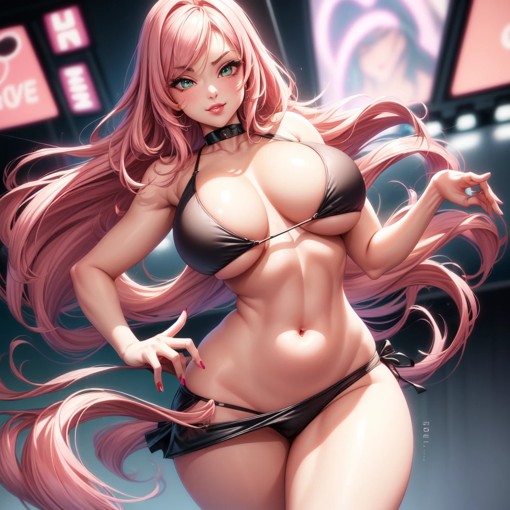 ((1 girls), solo, clevage, Big round breasts, trendy, stylish, clevage, thighs, hips, realistic, pink hair, blonde hair, light green eyes, lip gloss, detailed face, amazing big eyes, eye details, big lips, eyebrow details, pink mini skirt, crop top blush, confident, dominant, bdsm, smirk, naughty, mischevious face, HD, good quality, curvy, standing up, thick thighs, attractive, amazing body, perfect body, slim thick, indoors, black bikini, clevage, sexy, hot