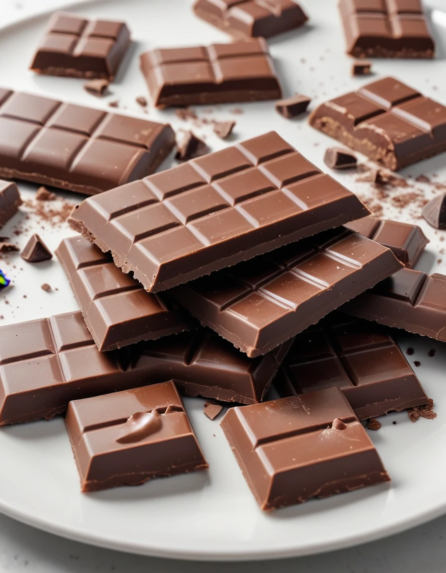 (chocolate bar and pieces of chocolate on a white plate), closeup, macroscopic photo, hyperdetalization, hyperrealism, beautiful foreshortening, cinematic, glow, reflexes, illuminated ((dominant three colors))
