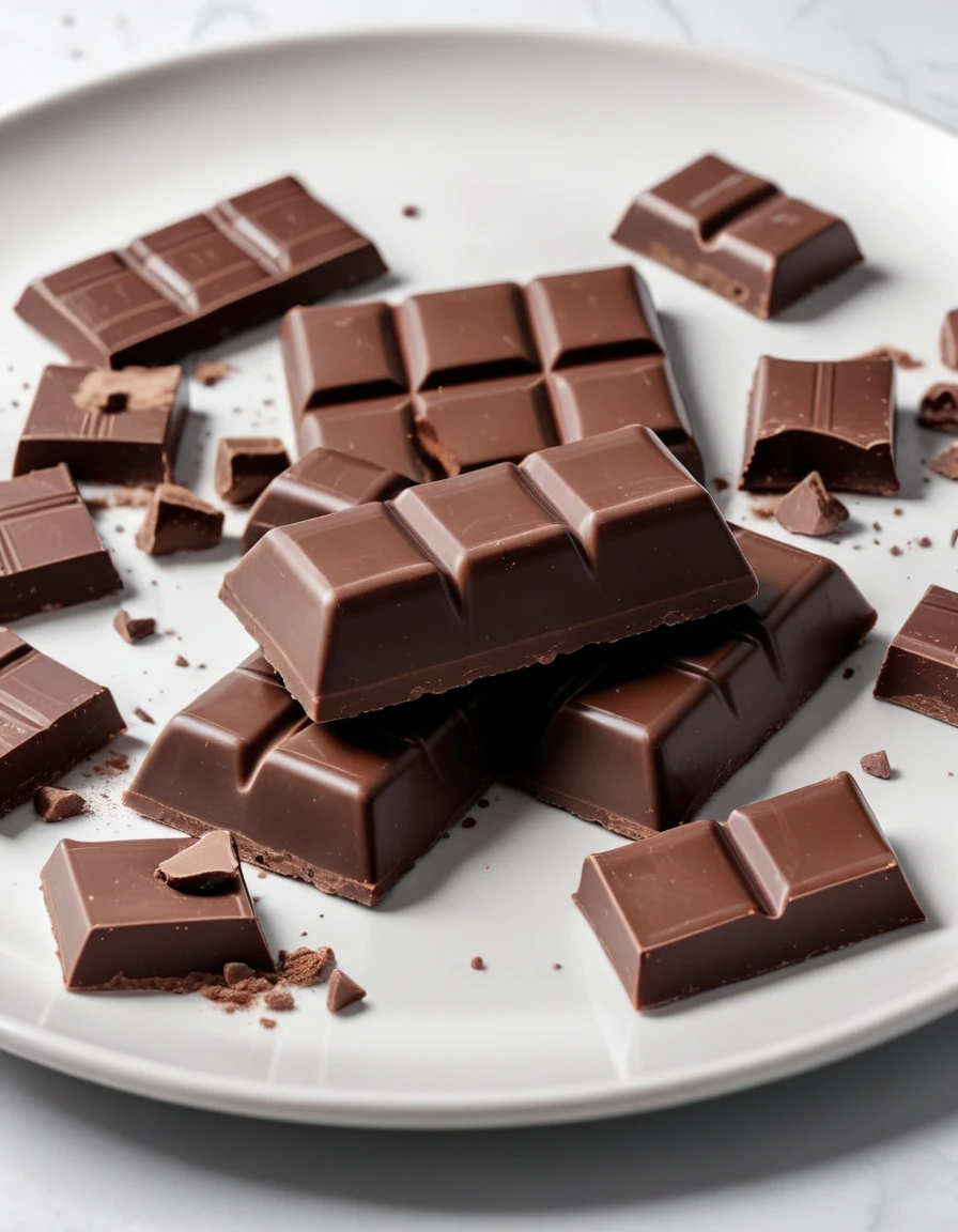 (chocolate bar and pieces of chocolate on a white plate), closeup, macroscopic photo, hyperdetalization, hyperrealism, beautiful foreshortening, cinematic, glow, reflexes, illuminated ((dominant three colors))