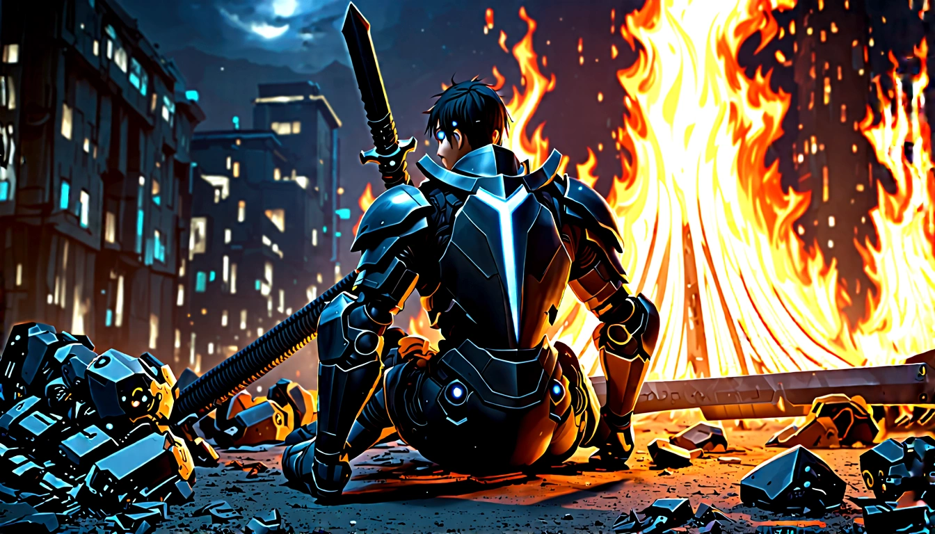 science fiction scenery, anime aestetcs, knight sitting near the bonefire, with a gigantic titanium sword behind his back, sci-fi armor, glowing element on the armor, black and dark blue armor colors, eyes glowing blue, nightt ime, broken city lights, scene after a fight, resting warrior, sad atmosphere, dystopia future city, broken robots lying around, bonefire, from side, pov, best quality, highres, 8k, award winning, high details, super detail, anatomically correct, accurate, UHD, masterpiece
