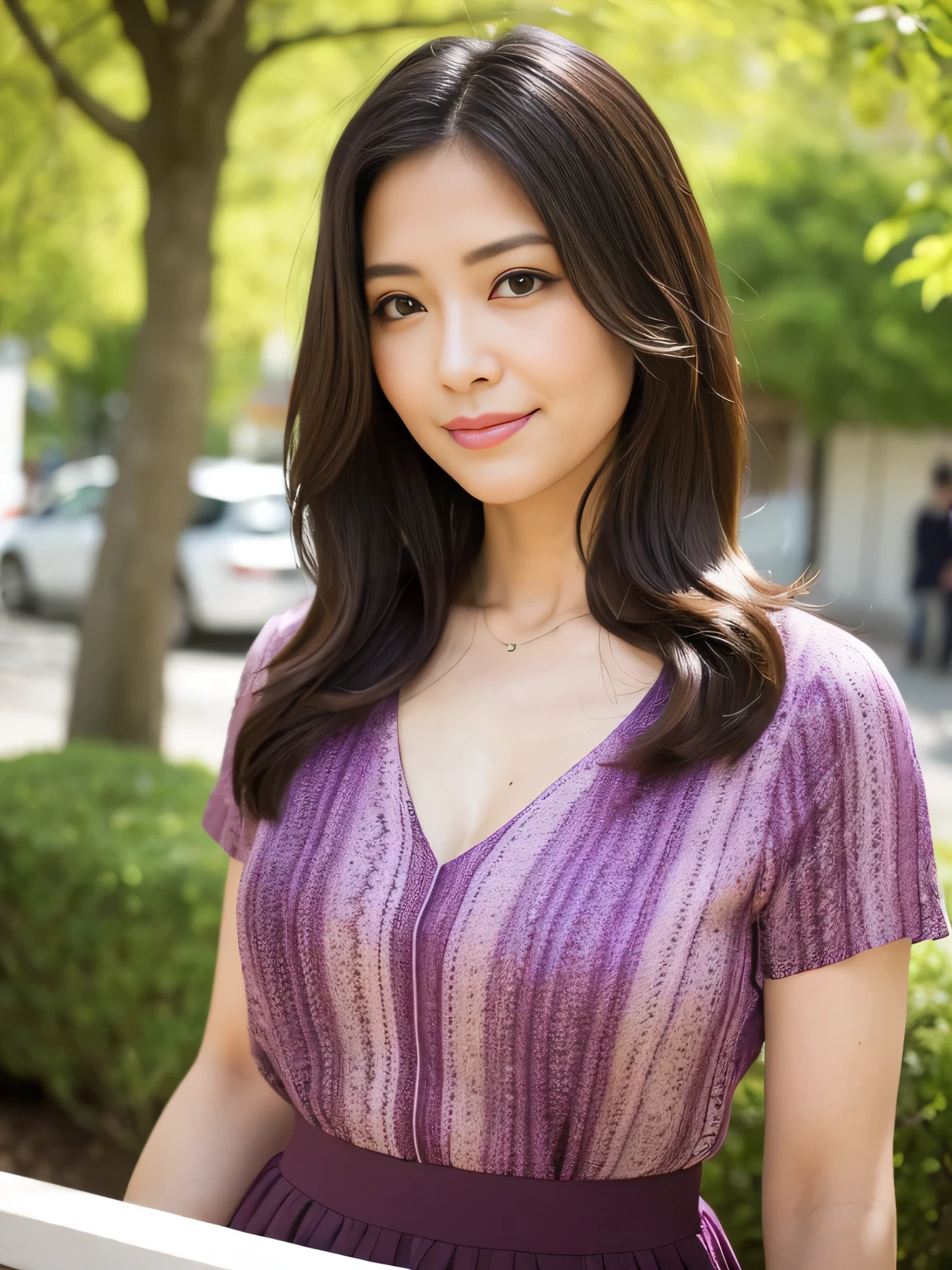 最high quality, In 8K, Masseter muscle area, Lifelike, Sharp focus, high quality, High resolution, Detailed face, Detailed eyes, Thick lips, (Look at the viewers), solo, Beautiful woman, Age 35, plum, Beautifully groomed long hair, Cleavage, See-through blouse with vibrant patterns, Afternoon in front of the park garden, Bodies facing random directions,