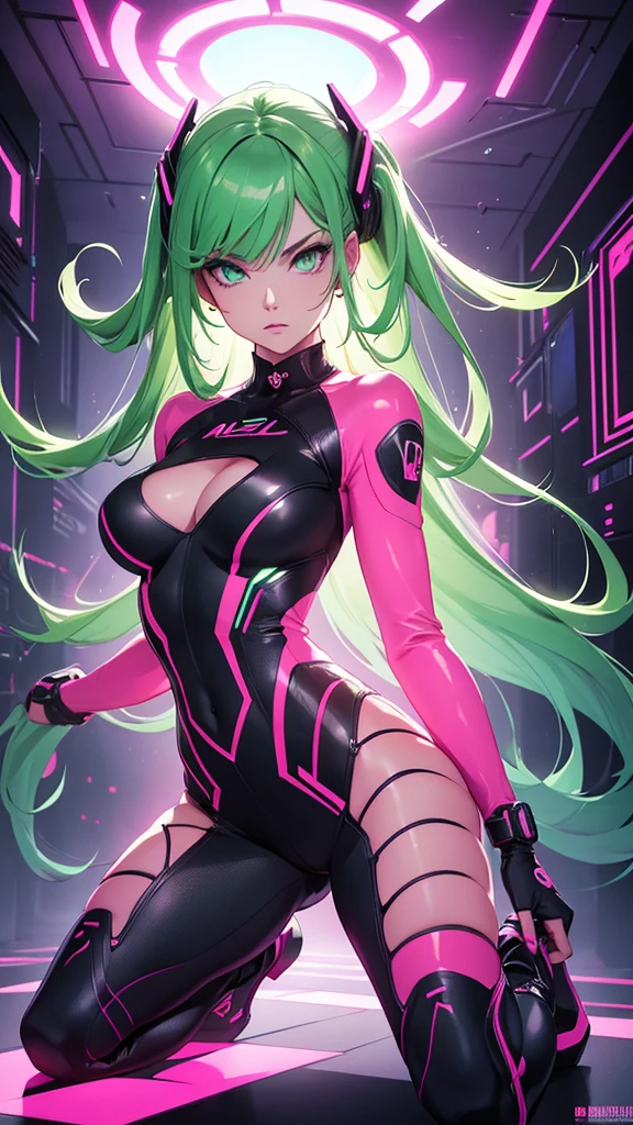 A woman in neon pink cybernetic outfit masterpiece, highest quality, (solo focus), (perfect face:1.1), (full body), (high detail:1.1), (hyper detailed eyes), dramatic, a woman with pale skin and long voluminous dark green hair, green eyes, solo, long hair, arrogant expression, heels, no background, art by artgerm, cinematic lighting, fashion, BalenciagaStyle