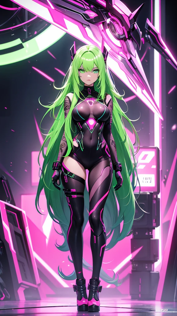 A woman in neon pink cybernetic outfit masterpiece, highest quality, (solo focus), (perfect face:1.1), (full body), (high detail:1.1), (hyper detailed eyes), dramatic, a woman with pale skin and long voluminous dark green hair, green eyes, solo, long hair, arrogant expression, heels, no background, art by artgerm, cinematic lighting, fashion, BalenciagaStyle