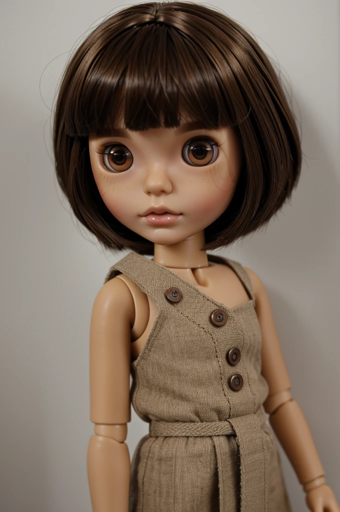 A blythe doll with short brown hair and straight shoulder-length brown hair at the ends , black eyes, with slightly brown skin