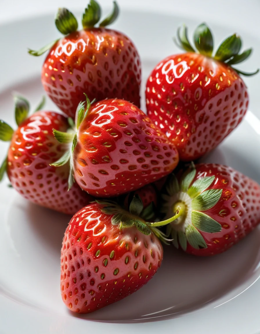 (strawberry berry on a white plate), closeup, macroscopic photo, hyperdetalization, hyperrealism, beautiful foreshortening, cinematic, glow, reflexes, illuminated ((dominant three colors))
