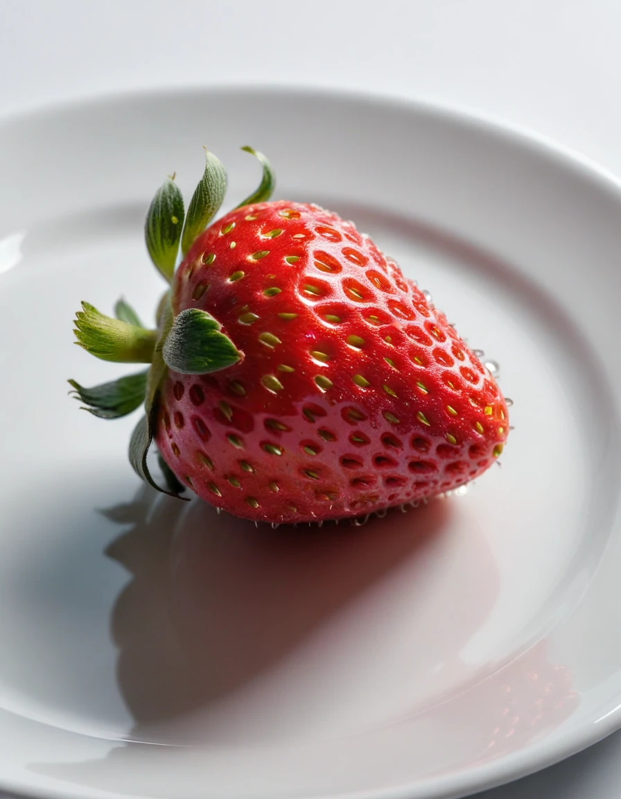 (strawberry berry on a white plate), closeup, macroscopic photo, hyperdetalization, hyperrealism, beautiful foreshortening, cinematic, glow, reflexes, illuminated ((dominant three colors))