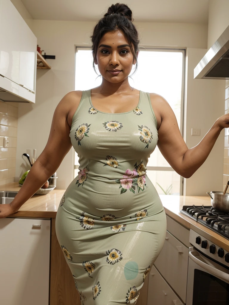 Sri lankan aunty 45 years old curvy body sexy figure fat body hairbun wearing flower pattern tigh bodycon dress at kitchen sweating