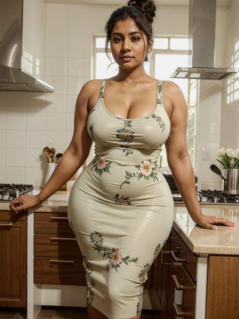 Sri lankan aunty 45 years old curvy body sexy figure fat body hairbun wearing flower pattern tigh bodycon dress at kitchen sweating