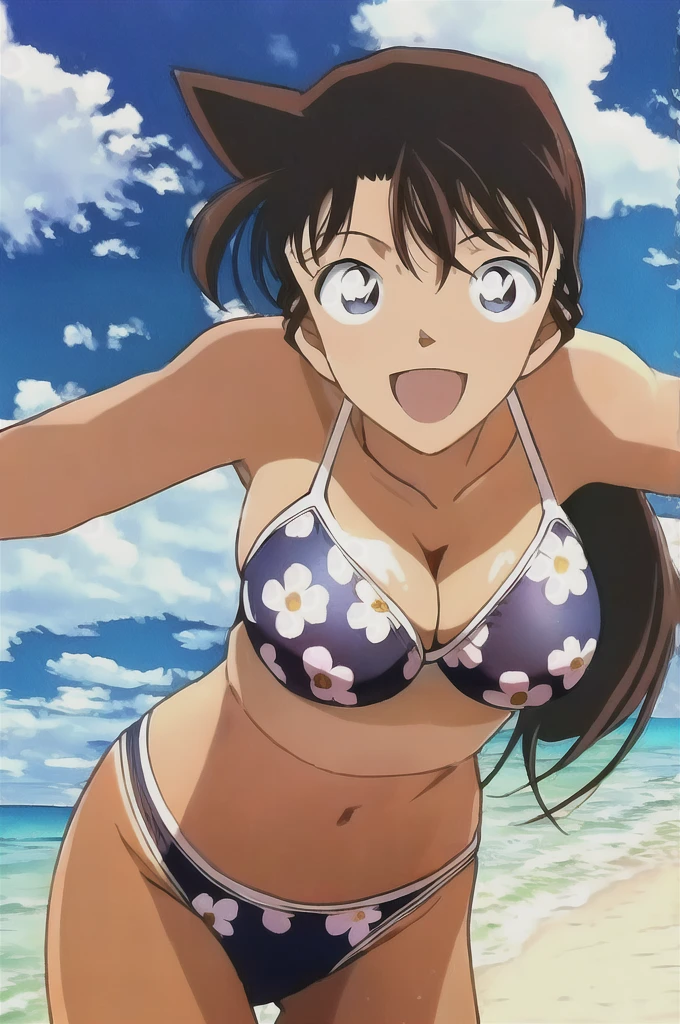 ran, 1girl, solo, long_hair, breasts, looking_at_viewer, smile, open_mouth, blue_eyes, large_breasts, brown_hair, navel, cleavage, collarbone, swimsuit, :d, bikini, outdoors, sky, day, cloud, water, leaning_forward, ocean, white_bikini, beach, floral_print, tan, print_bikini