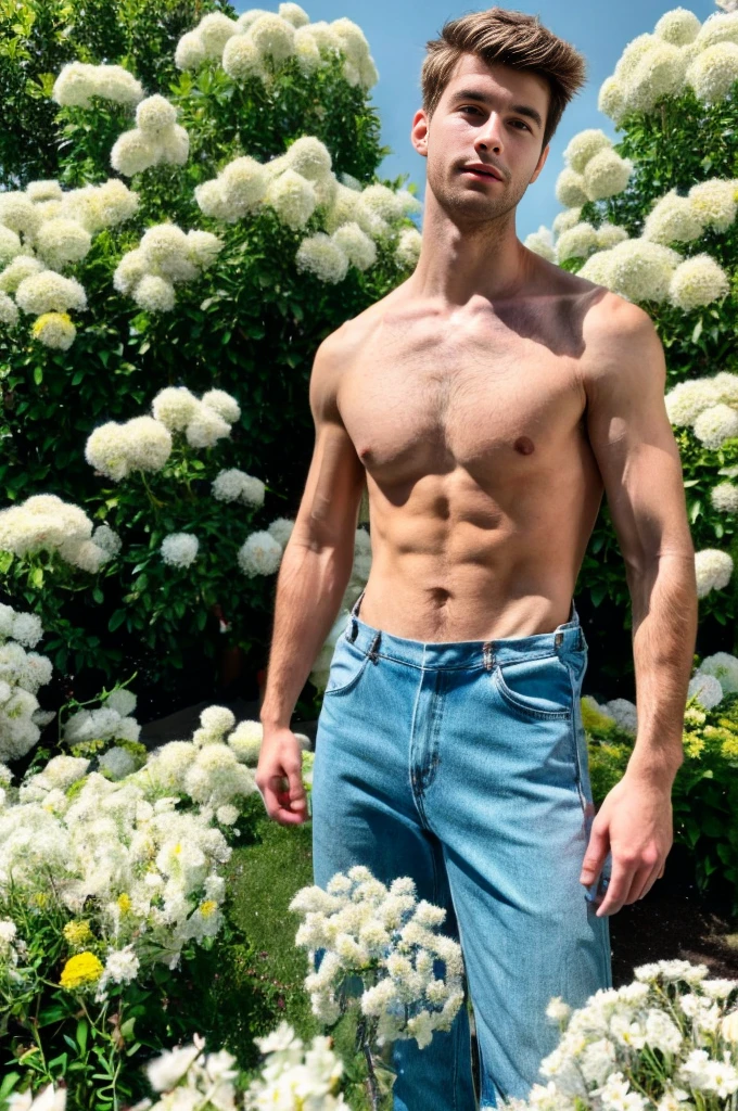 Full body shot of A shirtless tall handsome 24 years old young man is standing confidently amidst a garden of white flowers. The flowers, with their vibrant yellow centers, add a pop of color to the scene. The man is wearing a pair of overalls, and his gaze is directed straight at the camera, creating a direct connection with the viewer.
