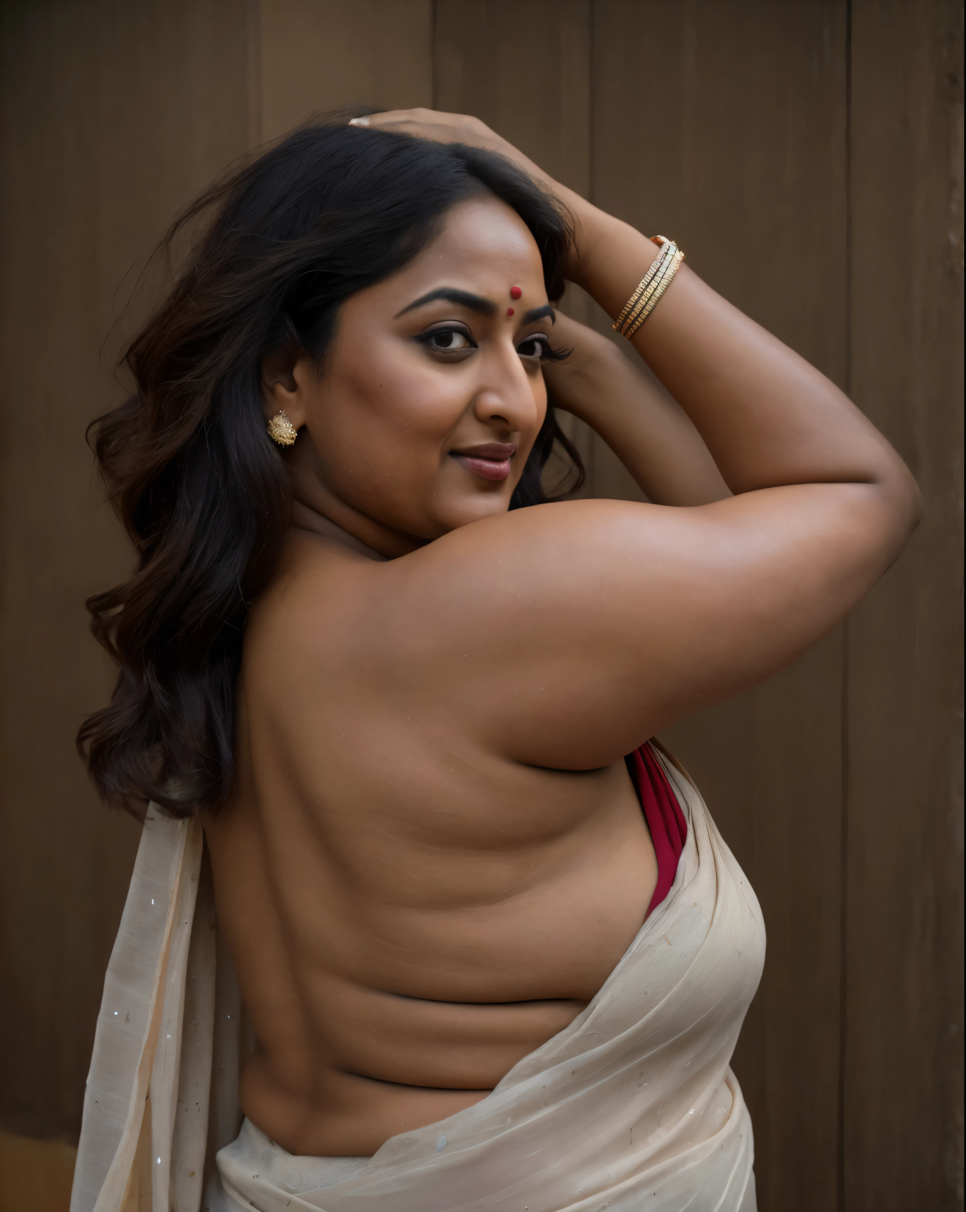 Foto RAW, photorealistic, photography, full body shot, 50 years old Woman, master shot, perfect eyes, goddess like beauty, pierced eyes, perfect thick chubby mallu Desi aunty bhabhi, Wearing a Stanapatta, a chest-band.Saree model, model Photography, Indian saree shoot, Indian traditional wear advertising photography, traditional wear brand shoot, face of Indian actress Sonakshi Sinha, masterpiece, realistic, realism, incredible details, pleasure, photorealism, detailed skin, skin pores, high contrast, photorealistic Artstation 8k HD digital art trend of high definition and detailed realistic skin texture, ultra detail, realistic skin texture, armature, best quality, ultra high definition, (photorealistic:1.4),, high resolution, detail, raw photo, sweat, Re sharp, by Lee Jefferies Nikon D850 Film Stock Photo 4 Kodak Portra 400 Camera F1.6 Lens Rich Color Ultra Real Realistic Realistic Textures Dramatic Lighting Unreal Engine Trending at Art Station Cinestill 800,(pele altamente detalhada: 1.2), 8k UHD, DSLR, soft-lighting, alta qualidade, grain of film, Fujifilm XT3,she didn't like to wear blouse or bra, she is happy to wear only saree, she hates blouse or bra, detailed hairy armpits, hyper realistic skin, skin pores, sweat, veins,