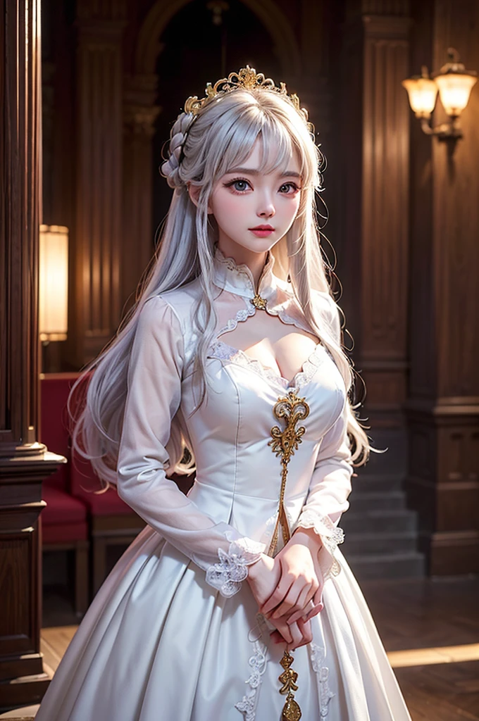 (Image above the chest)((masterpiece:1.5,Highest quality,Highly detailed images,Beautiful images、Realistic、Photorealistic、2.5D))(1girl, 独奏)(Adult women、large breasts, white hair, beautiful eyes、Beautiful cleavage)(Fantasy dresses、Fantasy Clothes、Black battle dress、black dress:1.5, Deep slit)(smile, wind, floating hair)(bright、Soft lighting、Inside the castle、The King's Chamber)