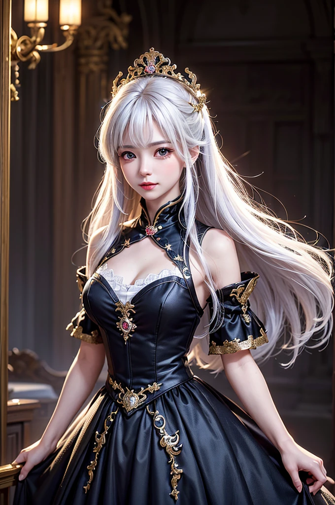 (Image above the chest)((masterpiece:1.5,Highest quality,Highly detailed images,Beautiful images、Realistic、Photorealistic、2.5D))(1girl, 独奏)(Adult women、large breasts, white hair, beautiful eyes、Beautiful cleavage)(Fantasy dresses、Fantasy Clothes、Black battle dress、black dress:1.5, Deep slit)(smile, wind, floating hair)(bright、Soft lighting、Inside the castle、The King's Chamber)