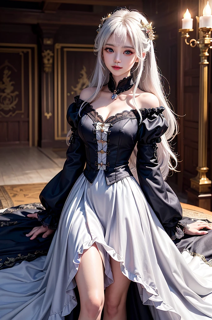 (Image above the chest)((masterpiece:1.5,Highest quality,Highly detailed images,Beautiful images、Realistic、Photorealistic、2.5D))(1girl, 独奏)(Adult women、large breasts, white hair, beautiful eyes、Beautiful cleavage)(Fantasy dresses、Fantasy Clothes、Black battle dress、black dress:1.5, Deep slit)(smile, wind, floating hair)(bright、Soft lighting、Inside the castle、The King's Chamber)