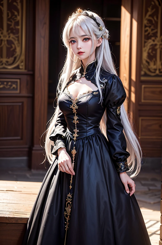(Image above the chest)((masterpiece:1.5,Highest quality,Highly detailed images,Beautiful images、Realistic、Photorealistic、2.5D))(1girl, 独奏)(Adult women、large breasts, white hair, beautiful eyes、Beautiful cleavage)(Fantasy dresses、Fantasy Clothes、Black battle dress、black dress:1.5, Deep slit)(smile, wind, floating hair)(bright、Soft lighting、Inside the castle、The King's Chamber)