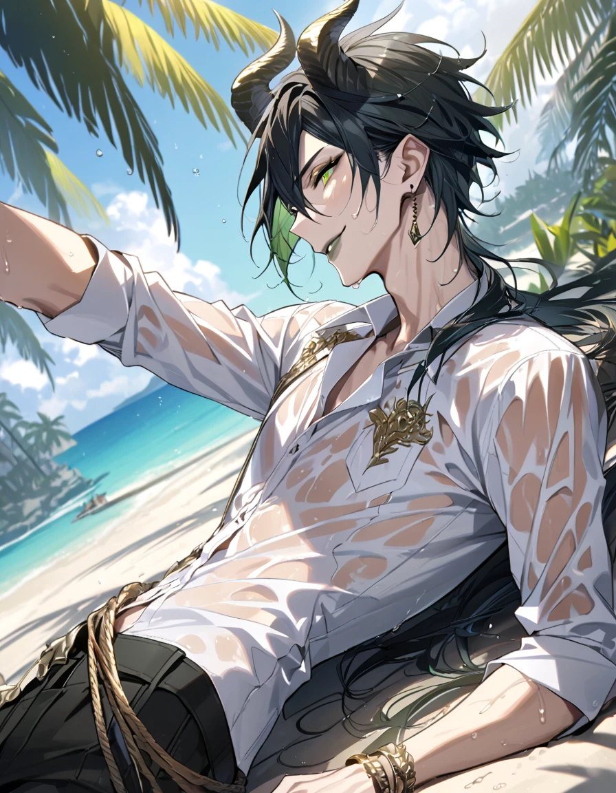 ((masterpiece:1.4, best quality)), (Ultra detailed background), 1boy, handsome man, highly detailed beautiful face and eyes, white hair, beautiful eyes, (sharp detail:1.3), shiny, earrings, bracelet, (wet clothes:1.3), Shirts, Bari, Cebu Island, plumeria, near the beach, stretch,lie on one's back, dynamic angle, malleus draconia (twisted wonderland) horns, bishounen, boy, male, yana Toboso style, long hair, black hair, yellow green eyes, smile, gray lips, handsome, skinny, tall, yellow green glow,