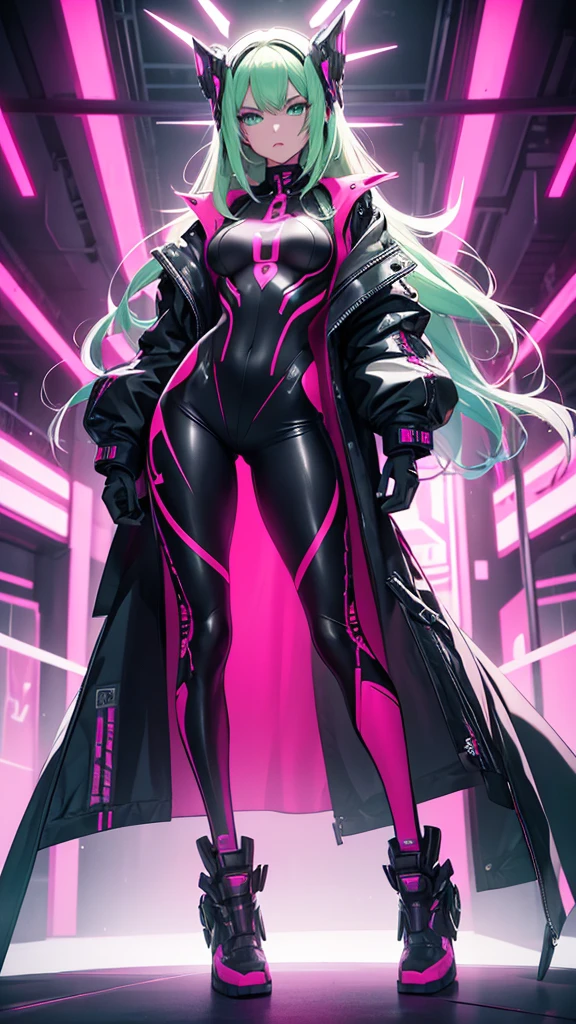 A woman in neon pink cybernetic outfit masterpiece, highest quality, (solo focus), (perfect face:1.1), (full body), (high detail:1.1), (hyper detailed eyes), dramatic, a woman with pale skin and long voluminous dark green hair, green eyes, solo, long hair, arrogant expression, heels, white background, art by artgerm, cinematic lighting, fashion, BalenciagaStyle