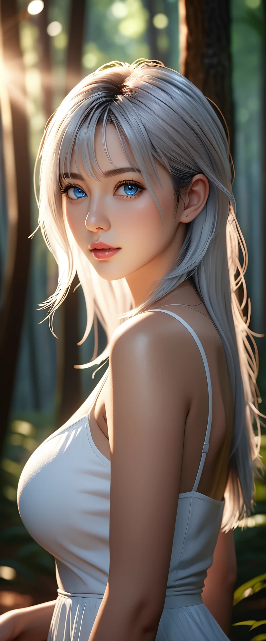 best quality, masterpiece, High resolution, portrait, actual, blue eyes, silver hair, Large Breasts, 8K resolution, high qualityCG, Beautiful CG, Soft Light, fashion brand image, The Tyndall effect, lifelike, forest, Side lighting, (HD Skin:1.2), 8K超高清, Sexy, high quality, Volumetric lighting, confess, photography, 超High resolution, 8K, Bokeh, Shallow depth of field