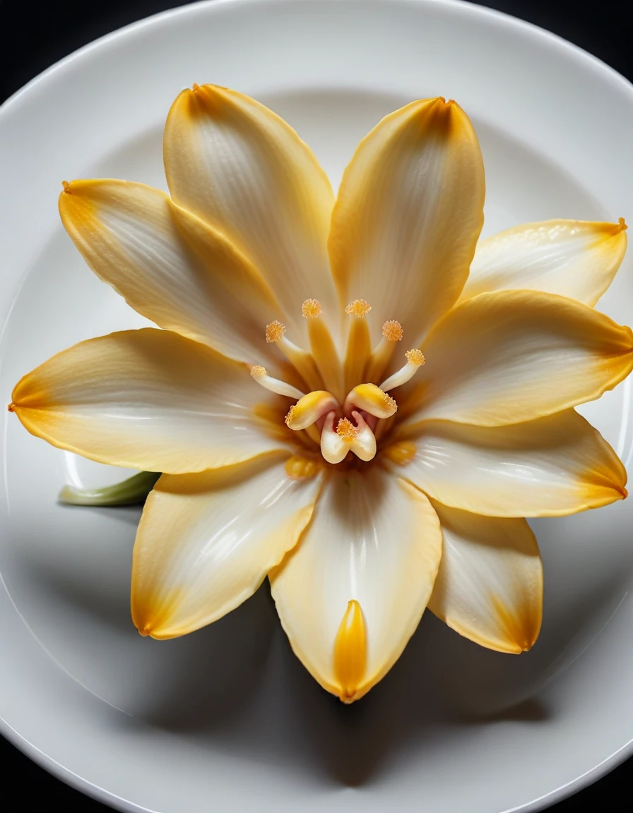 (vanilla flower on a white plate), closeup, macroscopic photo, hyperdetalization, hyperrealism, beautiful foreshortening, cinematic, glow, reflexes, illuminated ((dominant three colors))