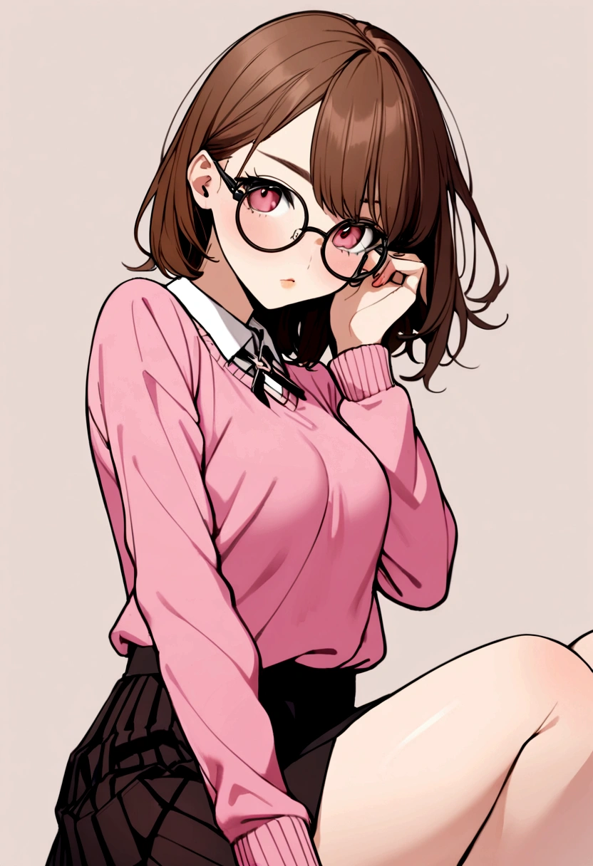 20 year old girl,in a suggestive pose with a pink sweater and skirt of the same color ,short brown hair,he wears round glasses