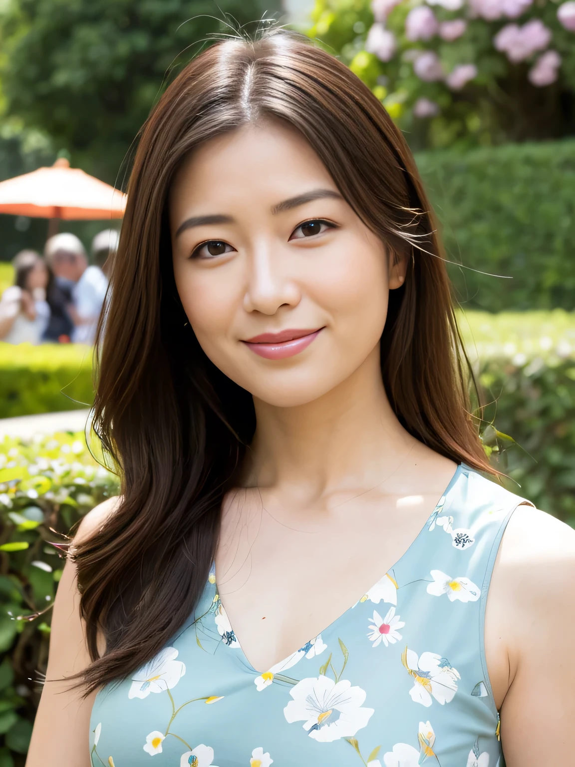 最high quality, In 8K, Masseter muscle area, Lifelike, Sharp focus, high quality, High resolution, Detailed face, Detailed eyes, Thick lips, (Look at the viewers), solo, Beautiful woman, Age 35, plum, Beautifully groomed long hair, Cleavage, Brightly colored patterned dress, Afternoon in front of the park garden, Bodies facing random directions,