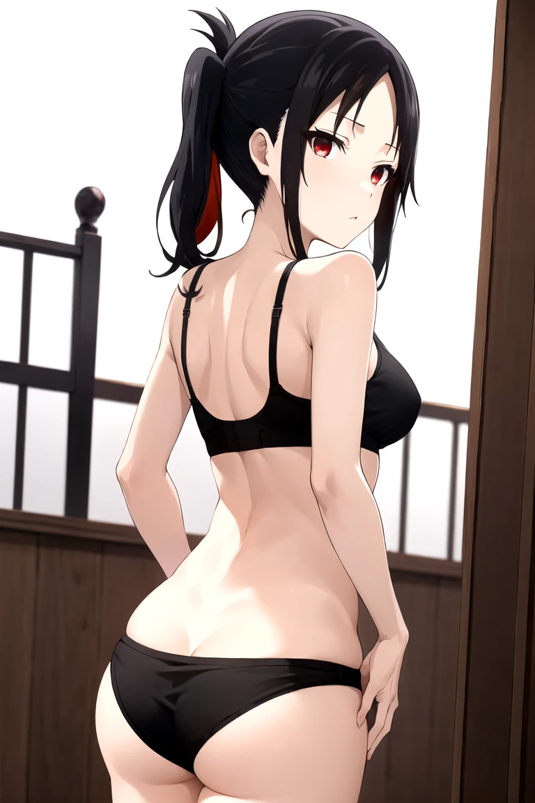 Shinomiya Kaguya, Shinomiyakaguya, Red eyes, small breasts, list brook, black fur, Red eyes, black sports bra, black panties, from behind, showing off your butt, 