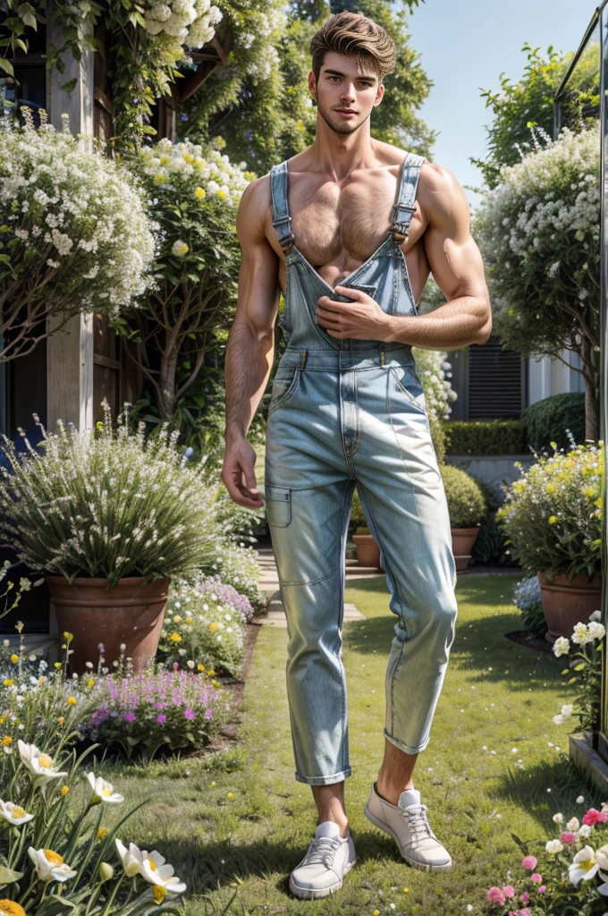 Full body shot of A shirtless tall handsome 24 years old young man is standing confidently amidst a garden of white flowers. The flowers, with their vibrant yellow centers, add a pop of color to the scene. The man is wearing a pair of overalls, and his gaze is directed straight at the camera, creating a direct connection with the viewer.