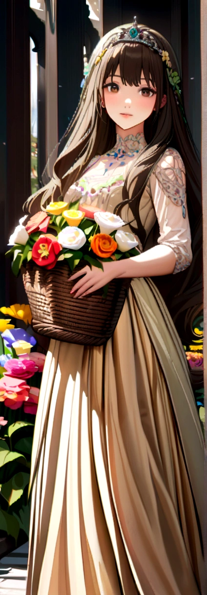 A beautiful young fair girl wearing beautiful gown wearing beautiful flowers tiara her brown long hairs she holding a basket filled with flowers in a flower garden 