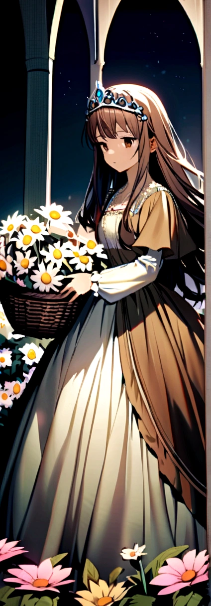 A beautiful young fair girl wearing beautiful gown wearing beautiful flowers tiara her brown long hairs she holding a basket filled with flowers in a flower garden