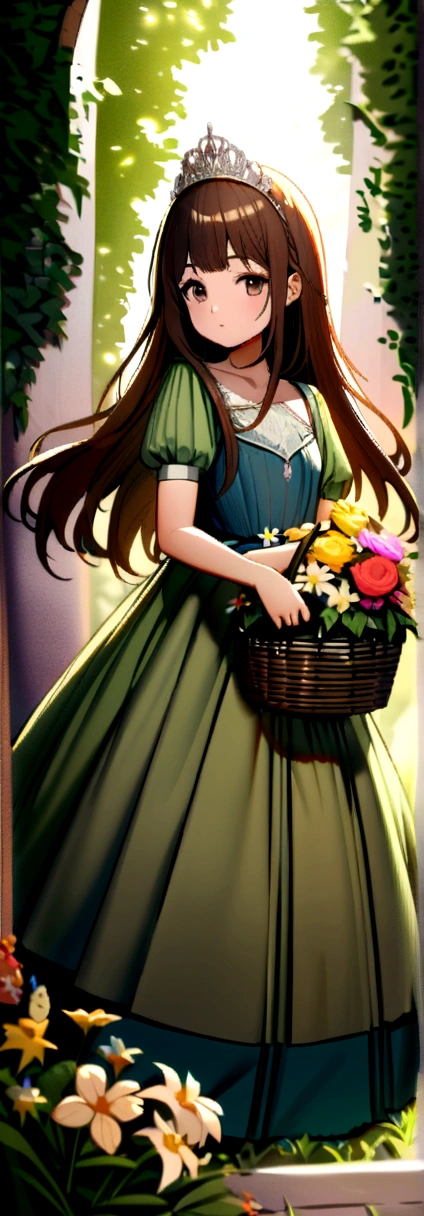 A beautiful young fair girl wearing beautiful gown wearing beautiful flowers tiara her brown long hairs she holding a basket filled with flowers in a flower garden