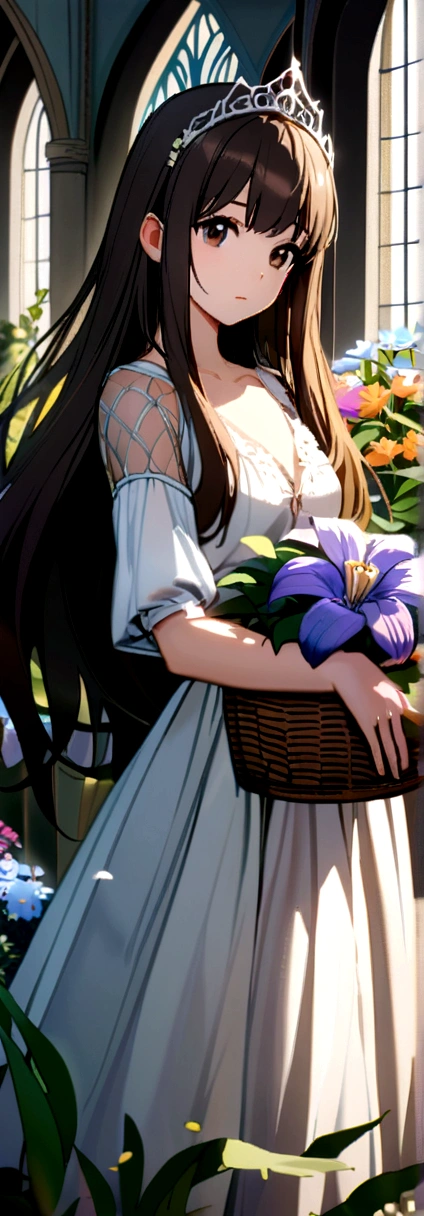 A beautiful young fair girl wearing beautiful gown wearing beautiful flowers tiara her brown long hairs she holding a basket filled with flowers in a flower garden