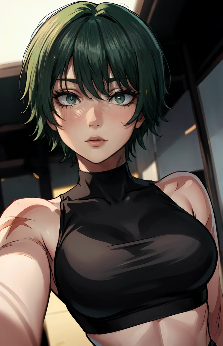 (masterpiece:1.2, best quality:1.2, beautiful, high quality, highres:1.1), detailed, extremely detailed 4K, perfect eyes, perfect face, close, close to viewer, black crop top, sleeveless shirt, very short hair, yellow colored eyes, shiny gold eyes, calm expression, big beautiful eyes, perfect lighting, beautiful face, (1girl, solo, adult female, mature female), thin, lithe body, Maki Zenin, detailed eyes, beautiful eyes, perfect eyes, self portrait, close to viewer, distracted, busy, looking away, looking to distance, short green hair, circle shaped eyes, perfect shaped eyes, clear shot of eyes, scar on body, yellow eyes, (medium breasts), ((sensual seductive))