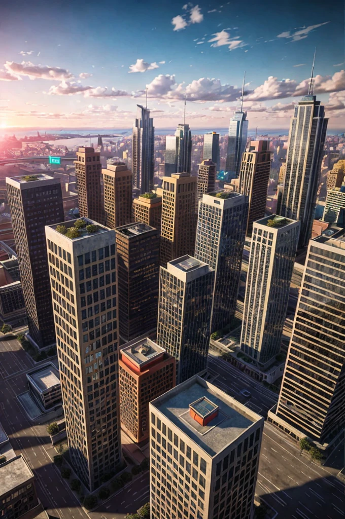 unreal engine 5 render, city, 80s architecture, sunset, extremely detailed, colorful,