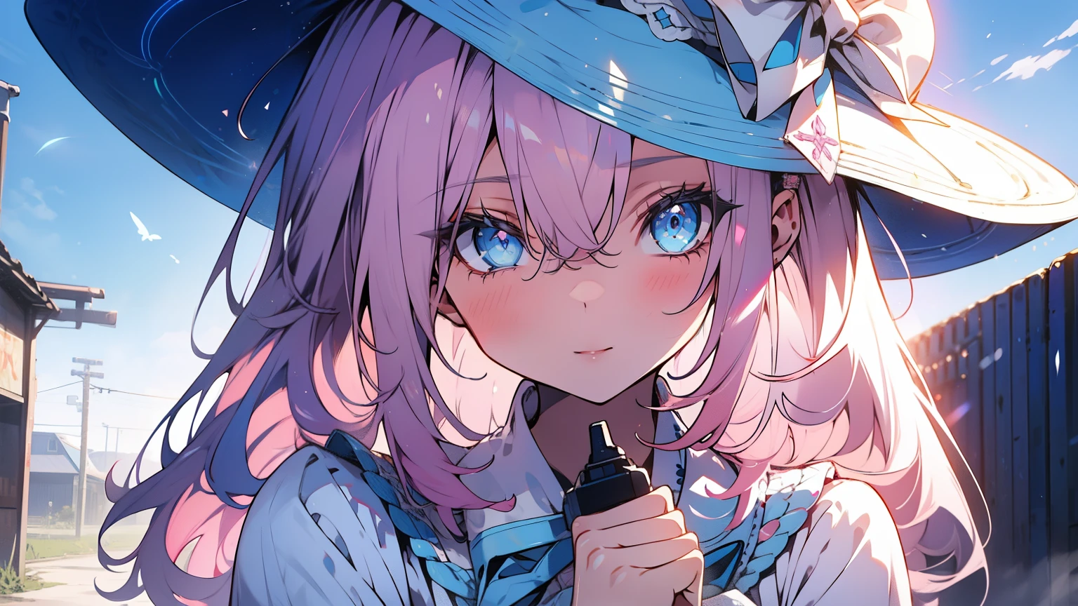 light pink hair,dust-blue pupils,Light Sky Blue Magic Hat,dust, blue and white clothes,Beautiful and flawless sweet girl