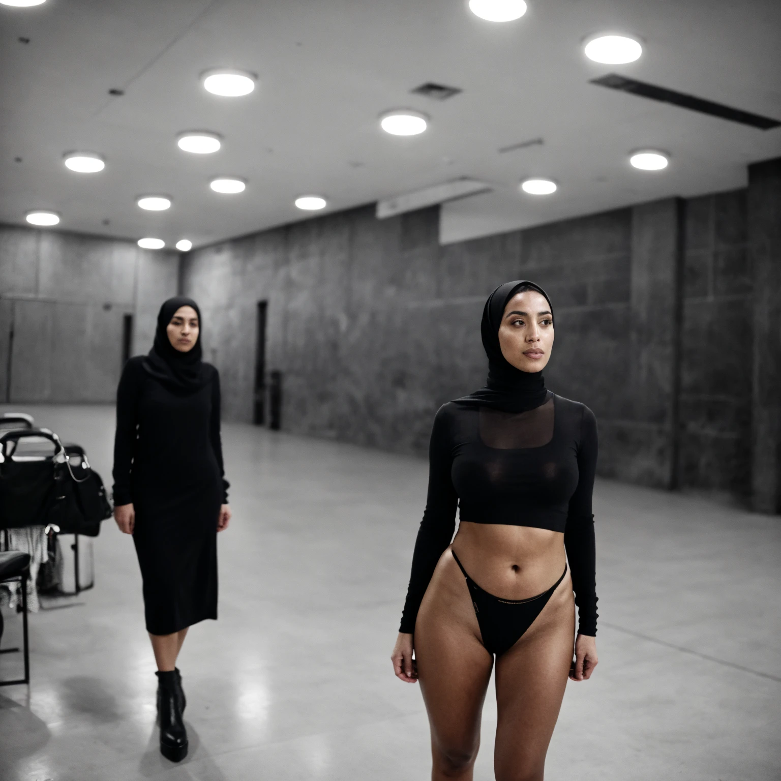 RAW photo,dark,moody,hazy atmosphere,35mm focal lenght,underexposed,cold,candid photograph,artistic,full body,photo of a beautiful,influencer,30yo Moroccan woman,black hijab,detailed skin,naked, looking at viewer, thick body structure,grey background,no background, candid pose,dim room,blue light, film grain, kodak color, instagram LUT