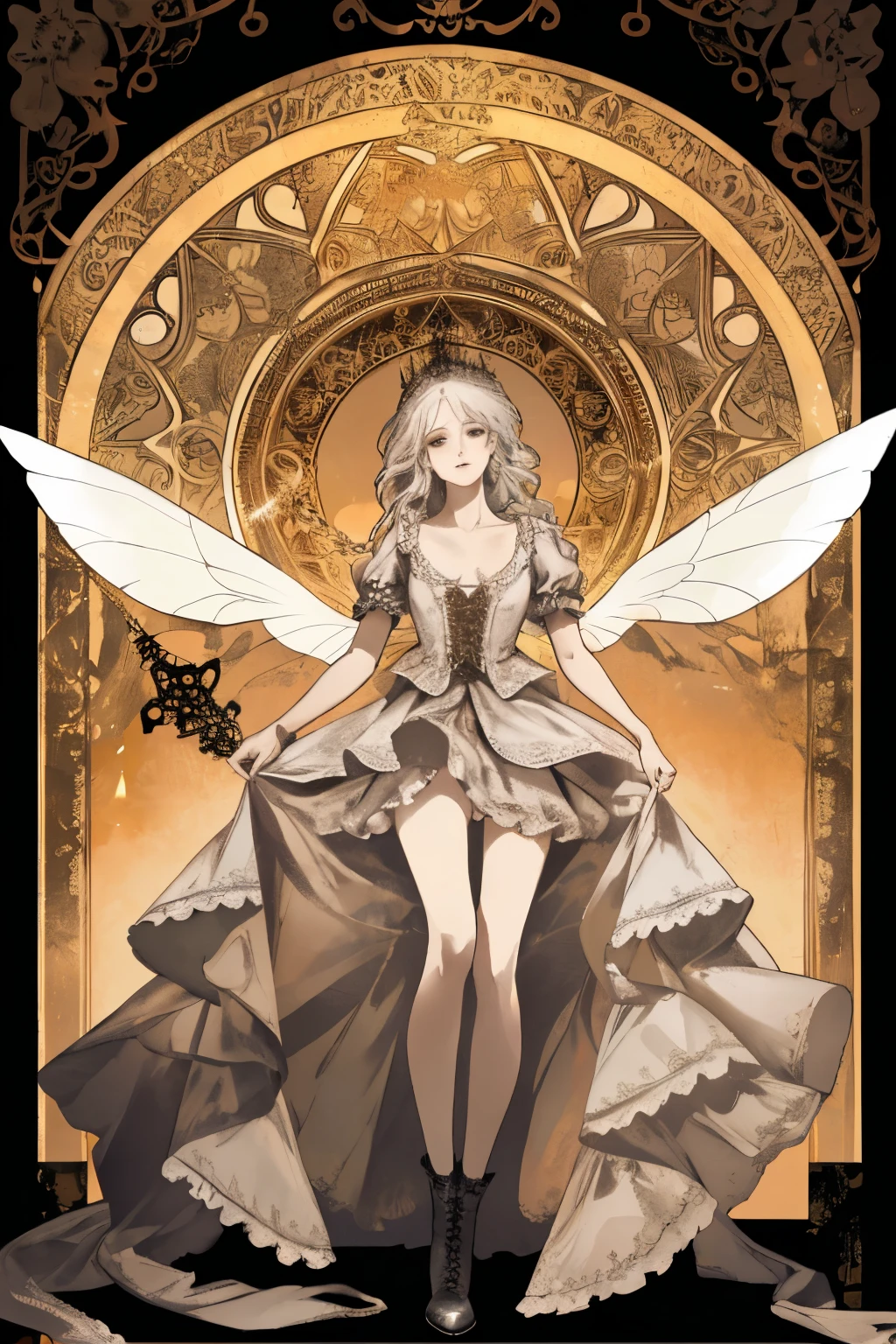  ((best quality)), ((masterpiece)), (detailed), a heavenly female knight, imposing, biblical, NSFW, long white grey hair, grey white eyes, very skinny, detailed, best quality, prominent collarbones, skinny arms, flat stomach, visible hip bones, small breasts, full body, red and white clothing, occult aesthetic, occult, detailed and intricate steampunk and detailed gothic, NSFW, Fluttering lace flared long knee length dress with frilly petticoats, knee length dress, pleated petticoats, petticoats gothic, complex lace boots, gothic aesthetic, wielding a mighty sword with mechanical components, mandalas, small breasts, a fairy, various different types of insect wings, bug wings, beetle wings, NSFW, full body, whole body, body, chains, 