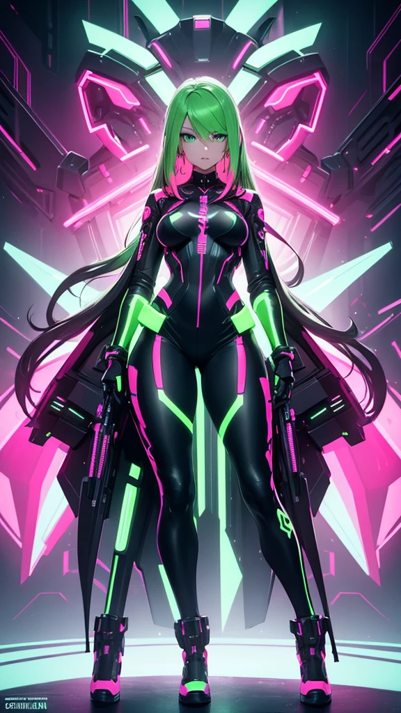 A woman in neon pink cybernetic outfit masterpiece, highest quality, (solo focus), (perfect face:1.1), (full body), (high detail:1.1), (hyper detailed eyes), dramatic, a woman with pale skin and long voluminous dark green hair, green eyes, solo, long hair, arrogant expression, heels, white background, cinematic lighting, fashion, BalenciagaStyle