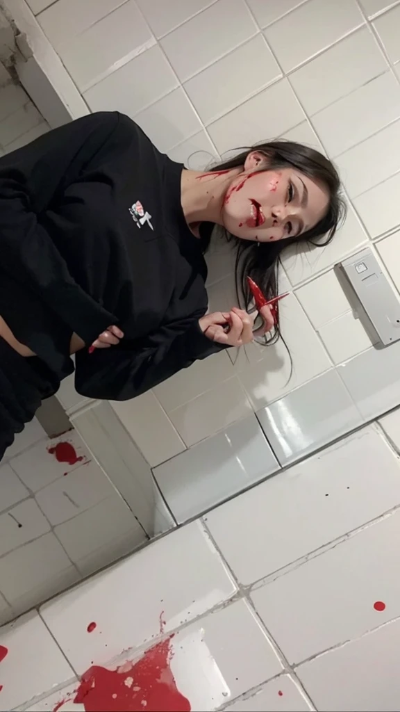 masterpiece, best quality, looking at viewer, facing viewer, bare legs, 1girl, solo, upper body, bow, serafuku, disgusted face, night time, heavy rain, outdoors, city, crop top, navel, wet clothes, drenched, overly long sleeves, hands in sleeves, blood tears, blood marks, dark alleyway, blood splattered on the ground, red bright light, glowing eyes, depth of field,holding a knife,red sky, atmofer,perfect hands
