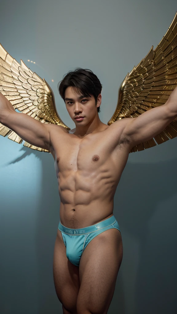 young buddha as christian angel wearing victoria secrets style short greek cloth, sexy pinoy bulge, victoria secretAngel wings, Korean male model, k pop idol, BTS Jin lookalike,  topless, muscles, head to toe, full body portrait, realistic, romantic, photograph, portrait, elegance handsome, athlete body, full frame,appeals,playful, flying in the heaven sky, superhero pose.