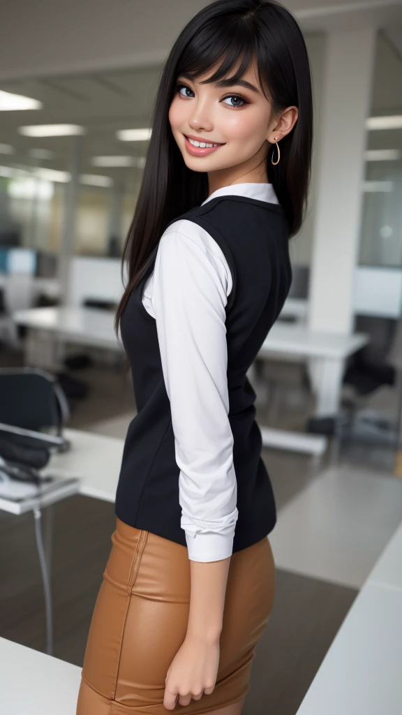 1 girl, brown hair, office lady, earrings, necklace, brown hair, wear a black vest, white shirt, black pencil skirt, leaning forward, cute face, smile, blushing, in an office, ((back view)), low angle, whole body, Angle of view looking up from feet, best quality, depth of field, cinematic lighting, aesthetic, detailed face ((realistic)), detailed clothes ((realistic)),