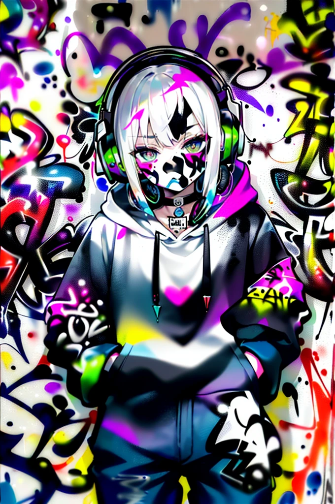 ((masterpiece, best quality, 1guy, solo, hoodie, denim, choker, (graffiti:1.5), paint splatter, arms on pocket, against wall, looking at the side, armband, headphones, paint on body, head tilt, bored, white hair, ruby eyes, graffiti wall