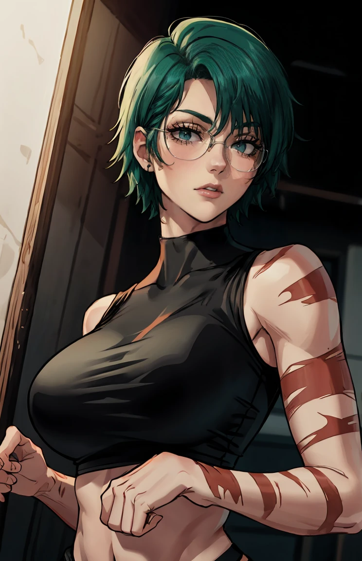 (masterpiece:1.2, best quality:1.2, beautiful, high quality, highres:1.1), detailed, short hair, short fluffy hair, short green hair, extremely detailed 4K, perfect eyes, perfect face, scars on body, scars on face, dangerous, exotica, scar on face, scar on cheeks, visible scars on cheeks, bandage on eye, scar on eye, Maki Zenin, scar on body, very short hair, circle glasses, Maki Zenin LoRA, black shirt, scar on eye, scars, sleeveless, crop top, beautiful face, perfect lighting, (1girl, solo, adult female, mature female), thin, lithe body, Maki Zenin, green hair, glasses, (big breasts), ((sensual seductive))