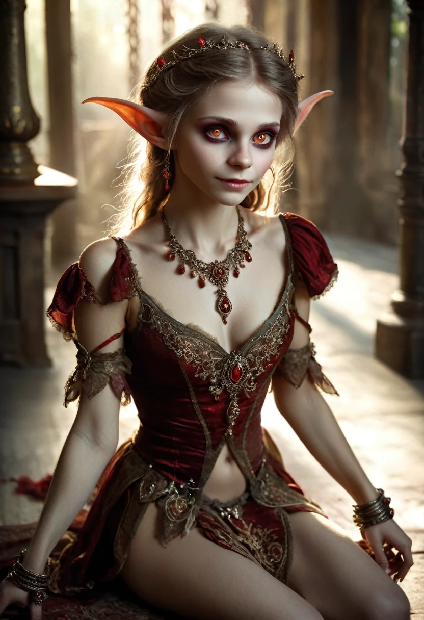 (Realisttic:1.2), analog photo style, (cute goblin wooman looking like elf, intensed red eyes, surrounded by a gloomy antique setting), (her full body s a visual pleasure), faint smile, soft shading expresses beautiful skin texture, sexy and seductive, Graceful curve, light reflection on the floor, ornate embroidery and embellishments, an elegant necklace, thin bracelets on the wrist, rich and lustrous hair, three dimensional effect, gloomy dark atmosphere, play of light in the sun rays, a delicate balance between beauty and darkness, faded colours, great quality, Masterpiece, intricate fantasy background, naturally cinematic light, 16k quality, HDR, RAW photo