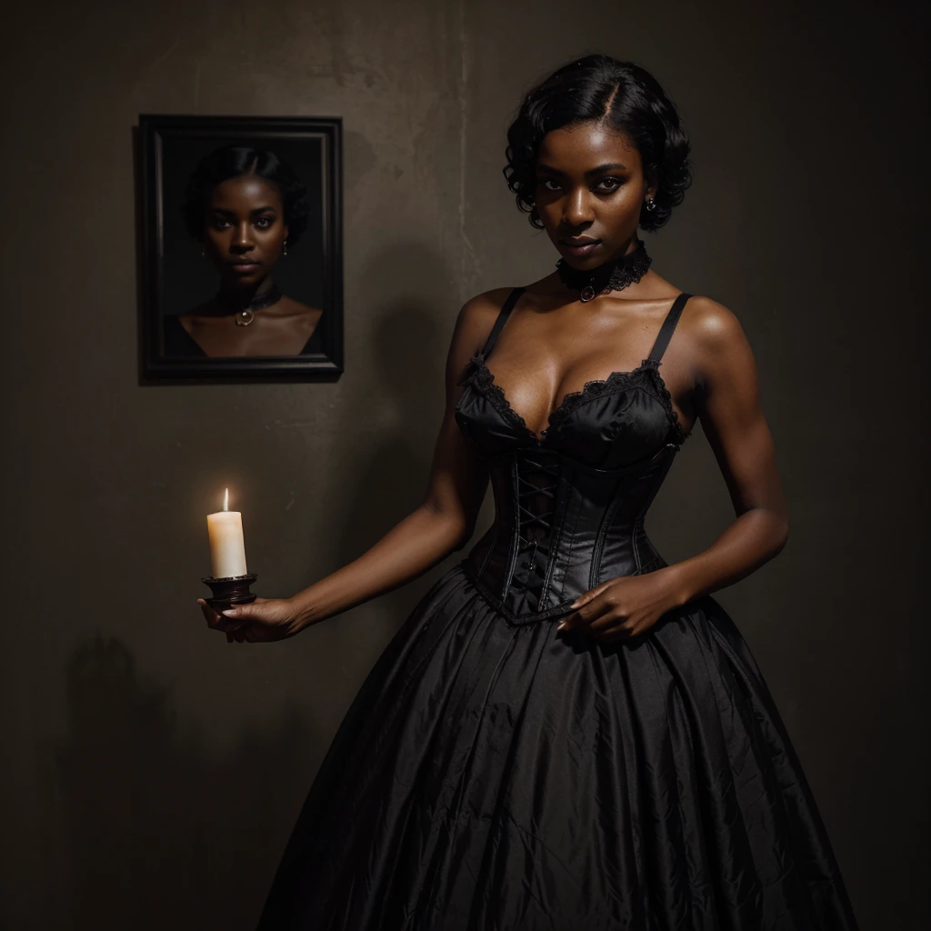 1 elegant black woman, (((Dark black skin 1.2))), Mature middle-aged woman, goth woman, vampire, goth makeup, victorian era dress, corset, corset dress, choker necklace, Dark eyeshadow,Full-body art, black skin, a dark tanned skin,Melanin pigmentation of the skin,very dark skin, violet eyes, lesvian, afro hair, short hair, renascence portrait, realist, elegant pose, dark color scheme, candlelit ilumination, vintage fashion, victorian era fashion, Victorian dress, corset,