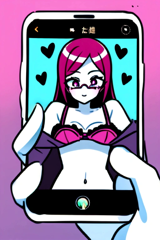 Menhera girls, 1girl in, troops, POV, pov hand, assisted exposure, Another person holding a picture of a girl, Photographed on a smartphone by another person, undressing another, Grabbing, pulling, clothes pull, bra pull, shirt pull, White skin, navel tickling