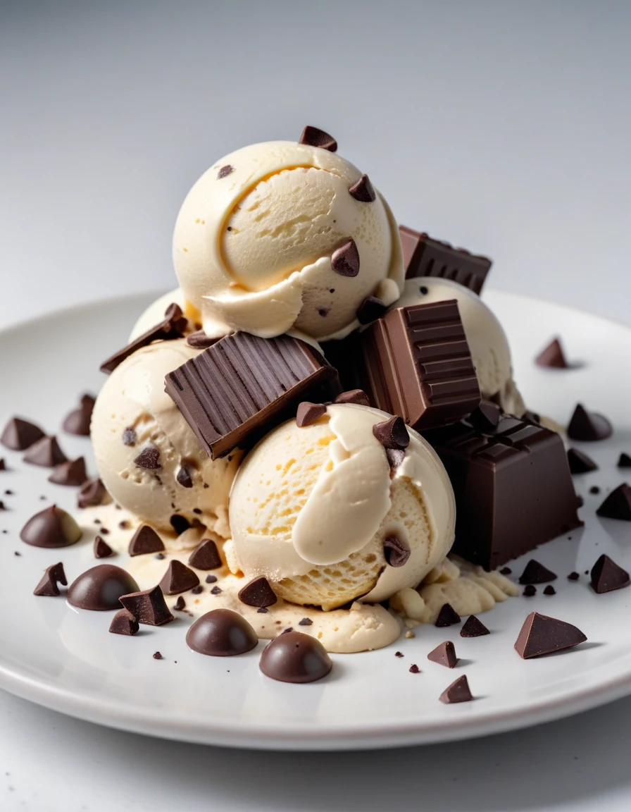 (vanilla ice cream with chocolate chips and pieces of chocolate on a white plate), closeup, macroscopic photo, hyperdetalization, hyperrealism, beautiful foreshortening, cinematic, glow, reflexes, illuminated ((dominant three colors))